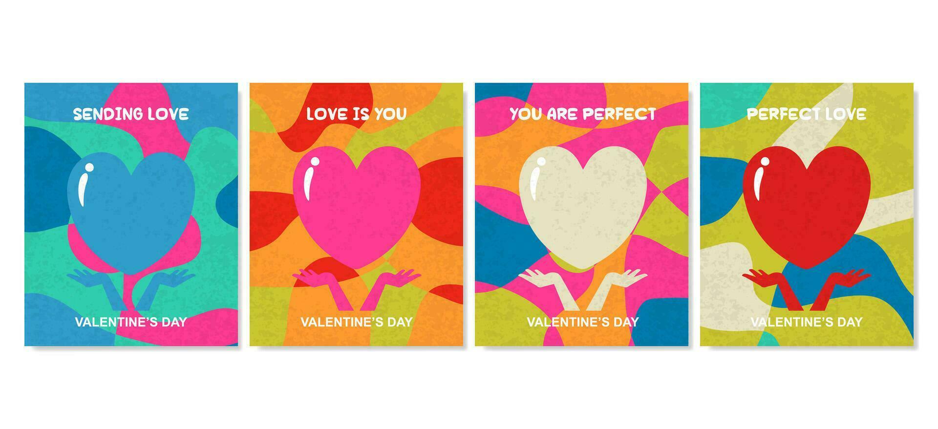 Creative concept of Happy Valentines Day cards set. Modern abstract art design with hearts  geometric shapes. Templates for celebration,  ads,  branding, banner,  cover,  label,  poster,  sales. vector