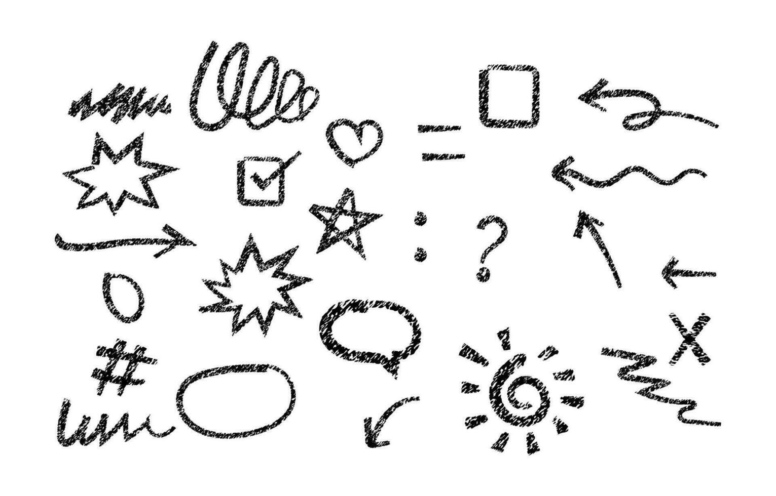 hand drawn charcoal pencil rough line symbol or scribble set different squiggles black strokes stars vector