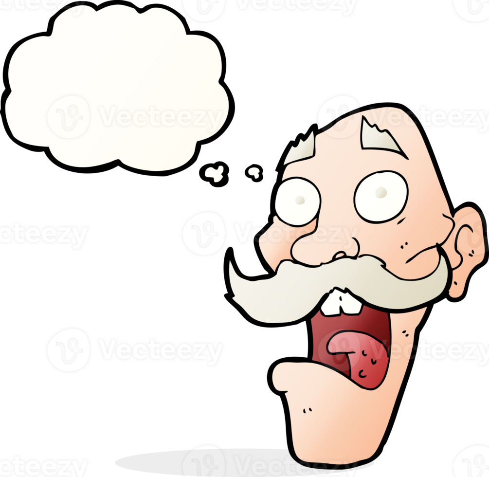 cartoon frightened old man with thought bubble png