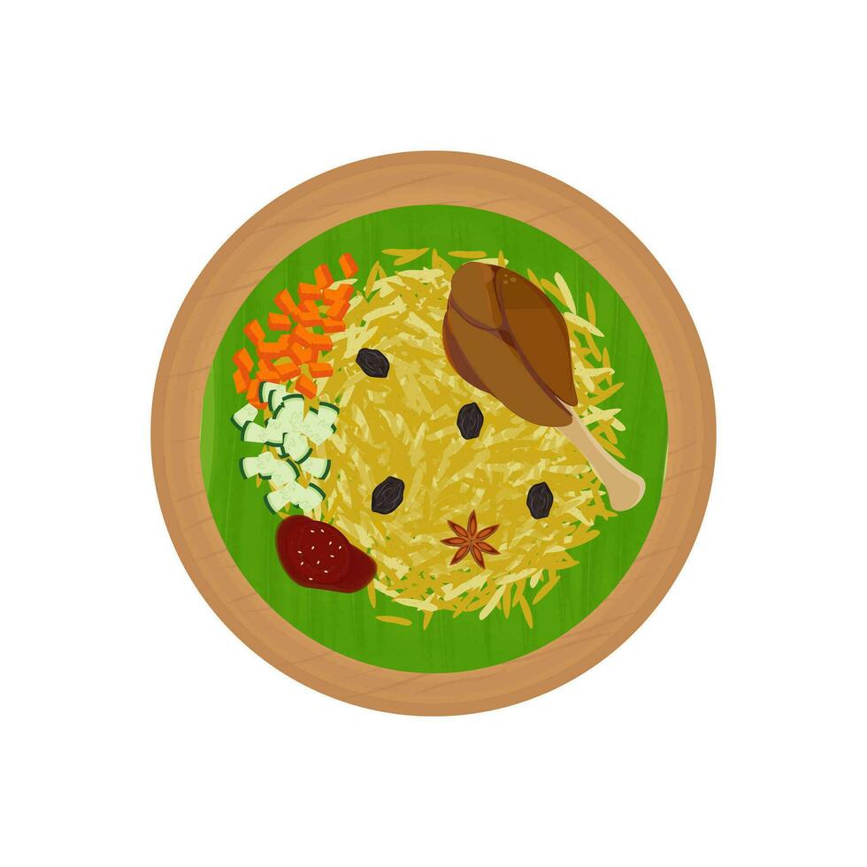 logo ilustración de delicioso Kebuli arroz o nasi Kebuli en un de madera plato vector