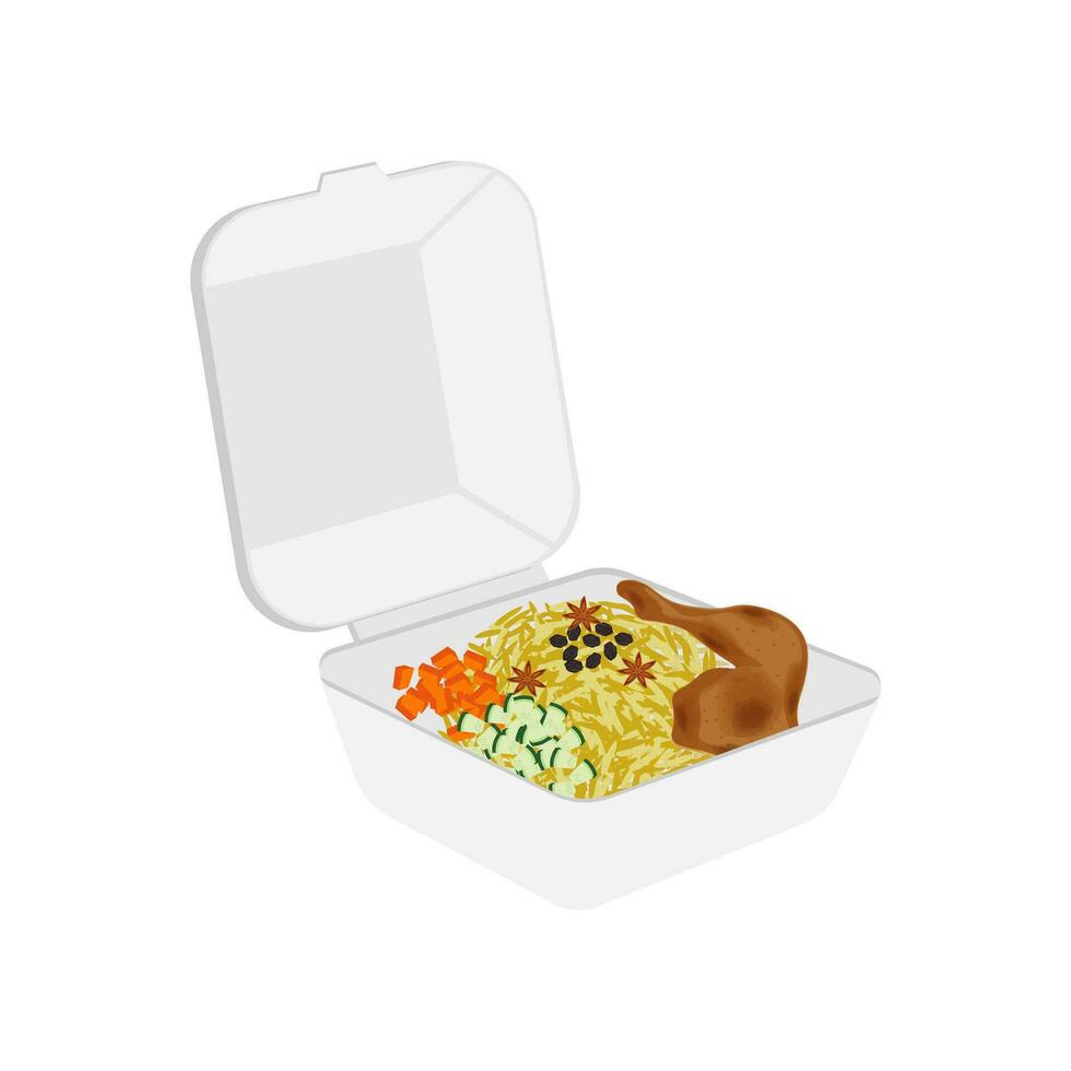 logo ilustración de pollo Kebuli arroz o nasi Kebuli ayam en un espuma de poliestireno caja vector