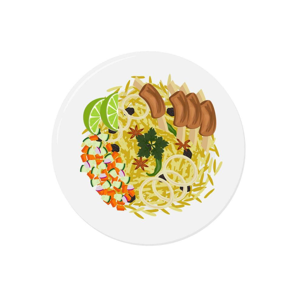 logo ilustración de parte superior ver Kebuli arroz o nasi Kebuli en un blanco plato vector