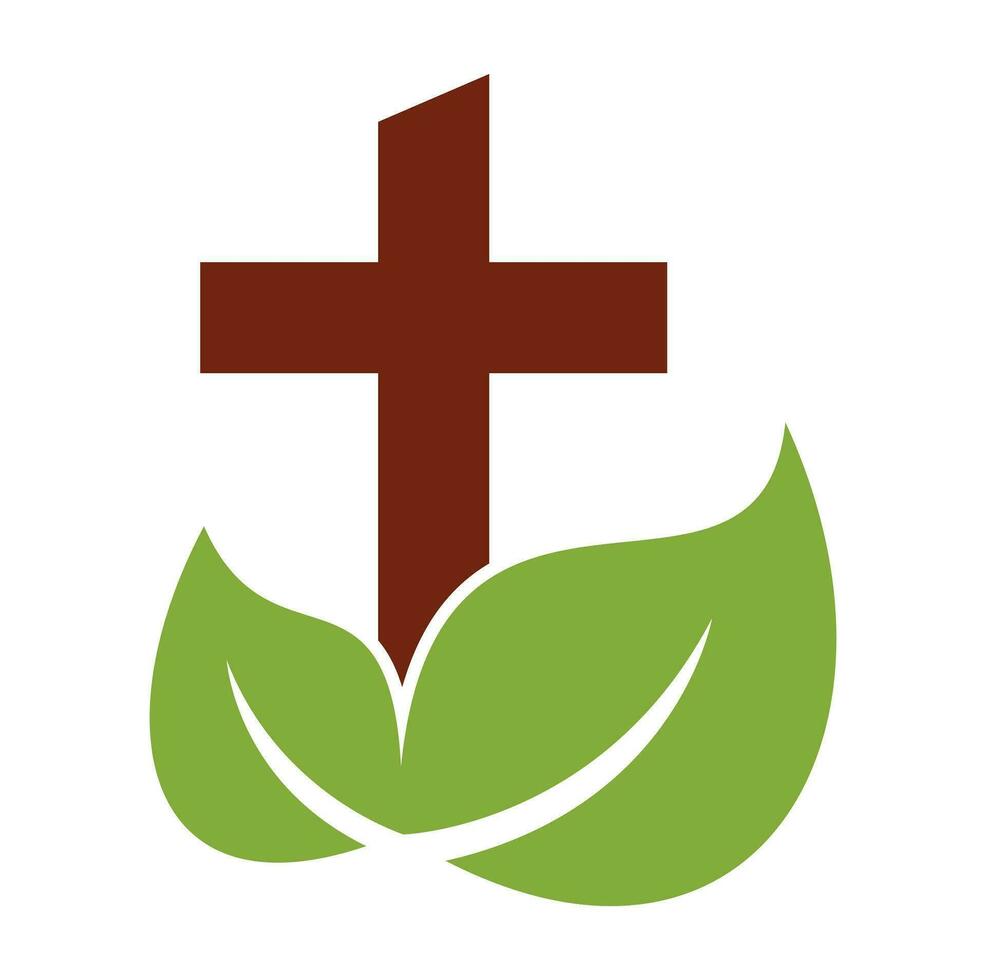 diseño del vector del icono del símbolo de la cruz religiosa del árbol. diseño de logotipo de árbol cruzado. logotipo de la iglesia del árbol.