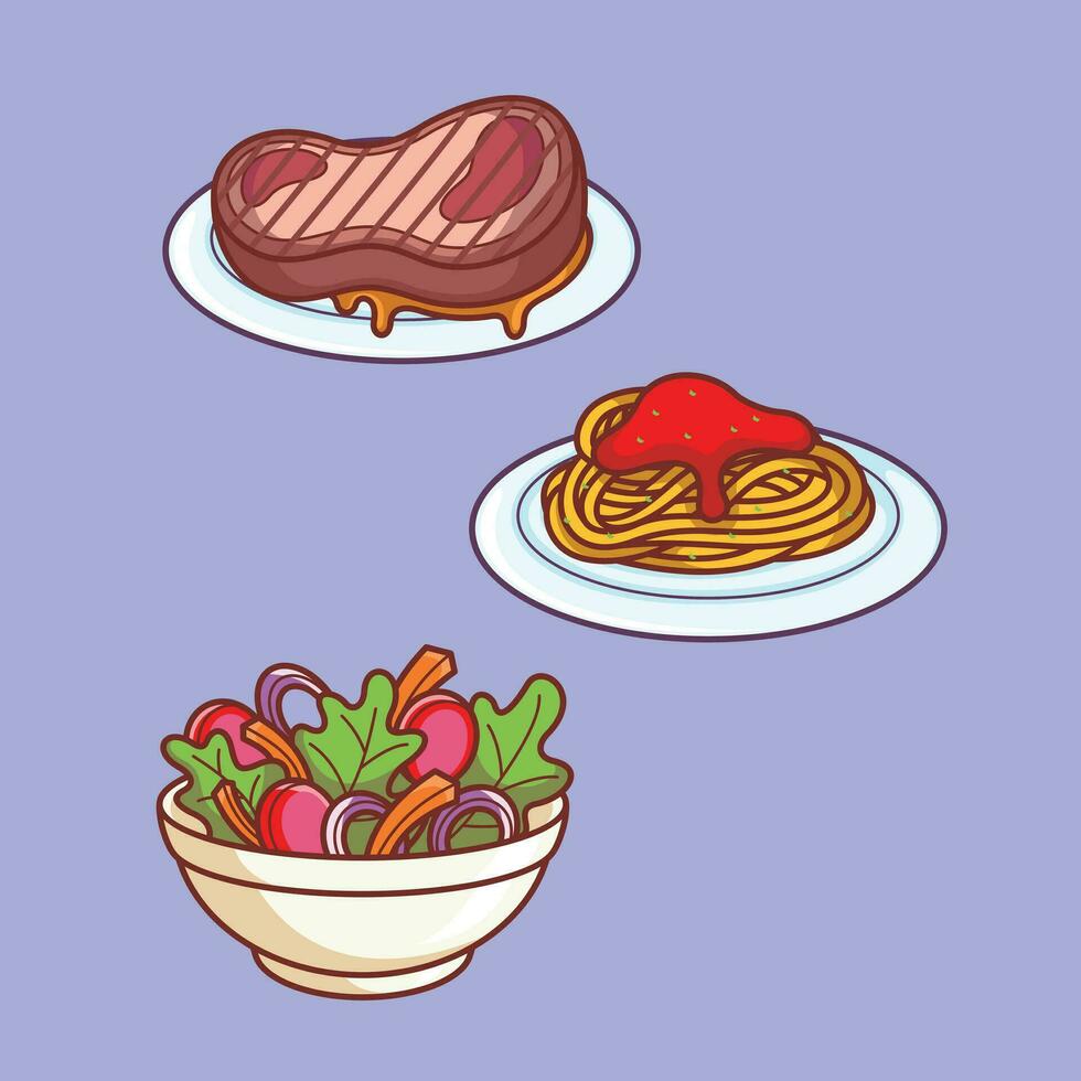 Tasty delicious savory foods premium vector arts. cartoon doodle cute icon design