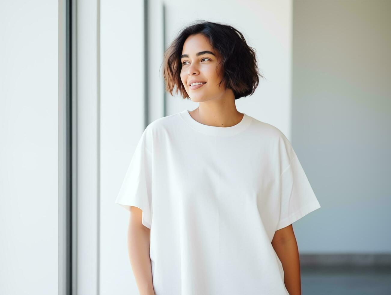 AI generated Attractive young woman wearing blank empty oversize white t-shirt mockup for design template photo