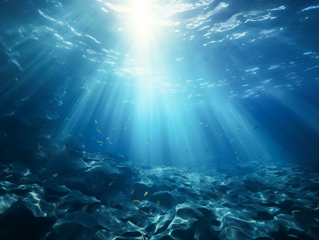 AI generated Underwater ocean blue abyss diving scene with natural sea life and sunlight photo