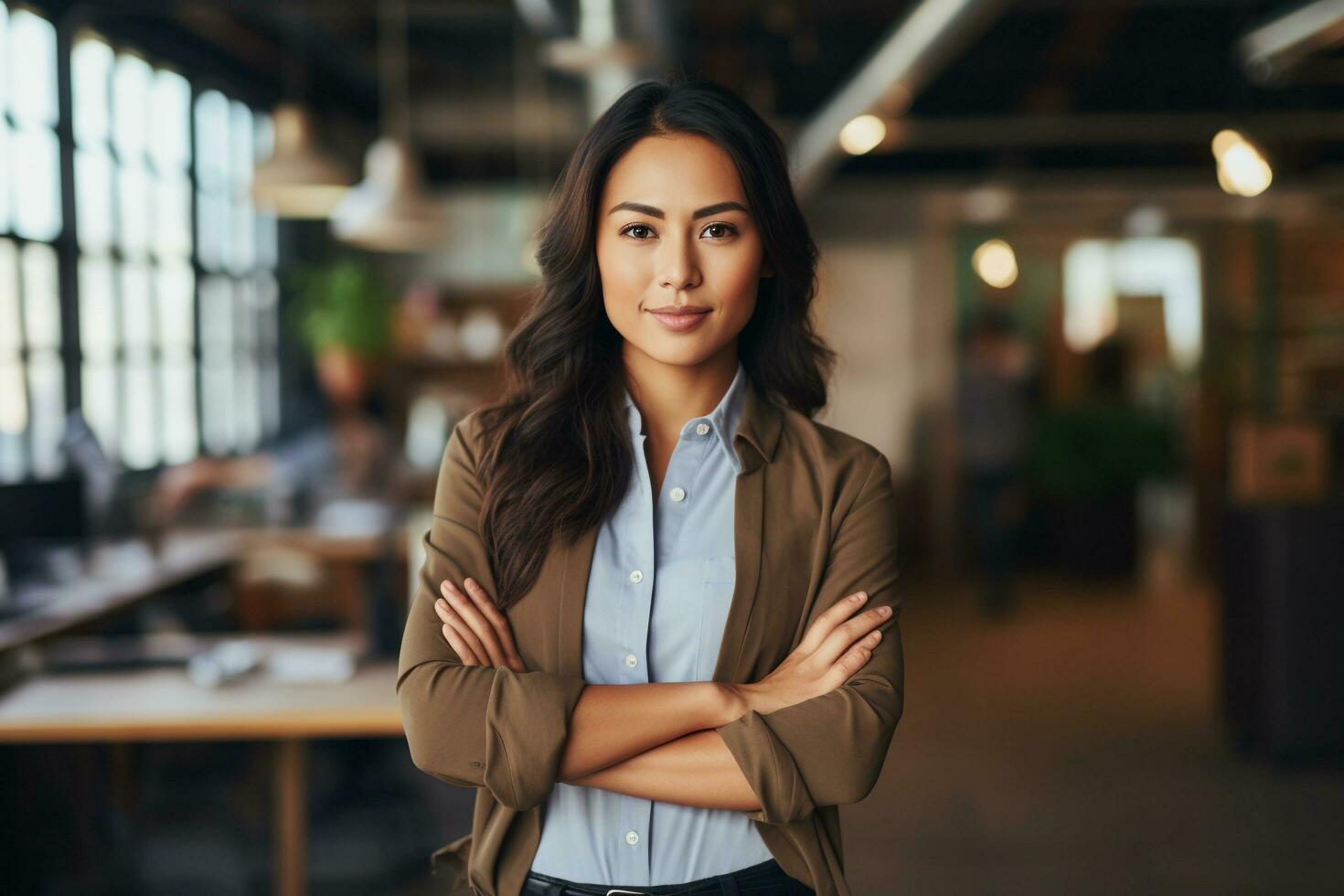 AI generated Attractive manager asian businesswoman CEO confident standing in front of modern office photo