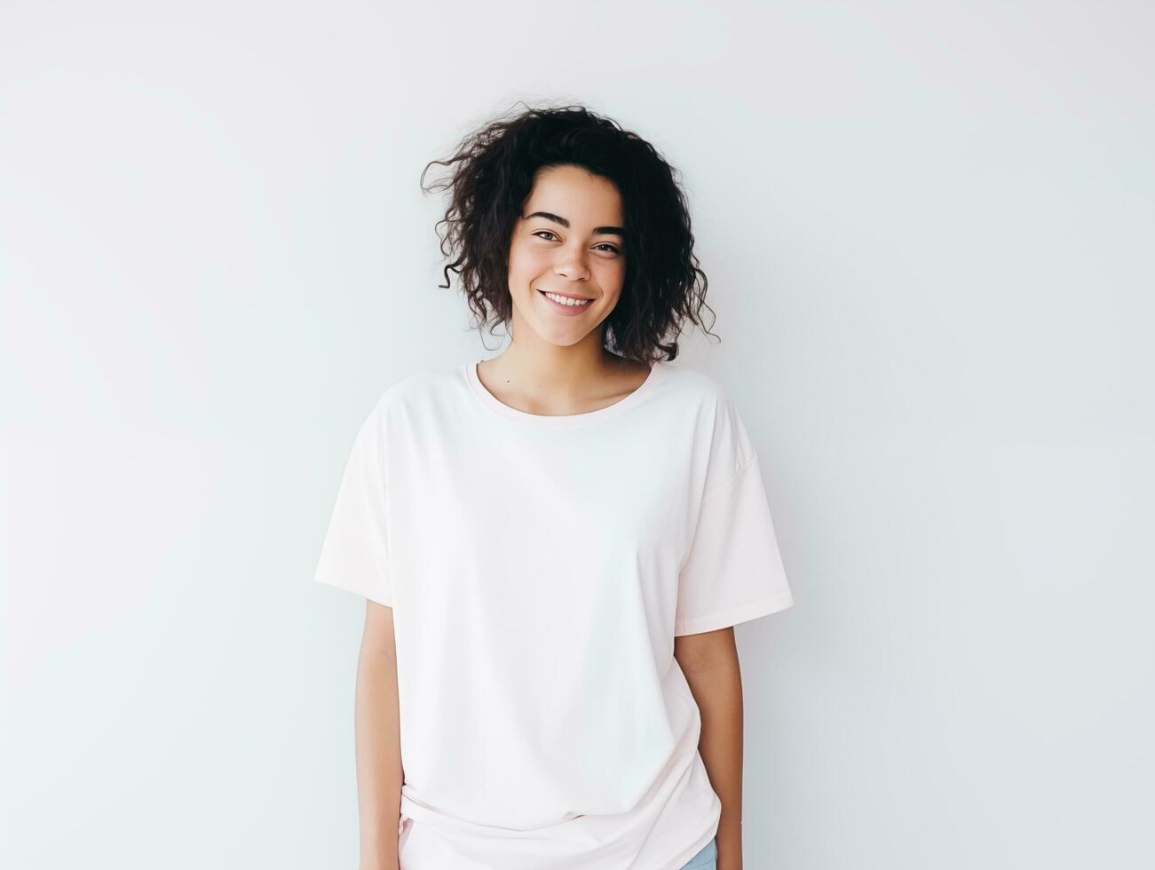 ai generado atractivo joven mujer vistiendo blanco vacío demasiado grande blanco camiseta Bosquejo para diseño modelo foto