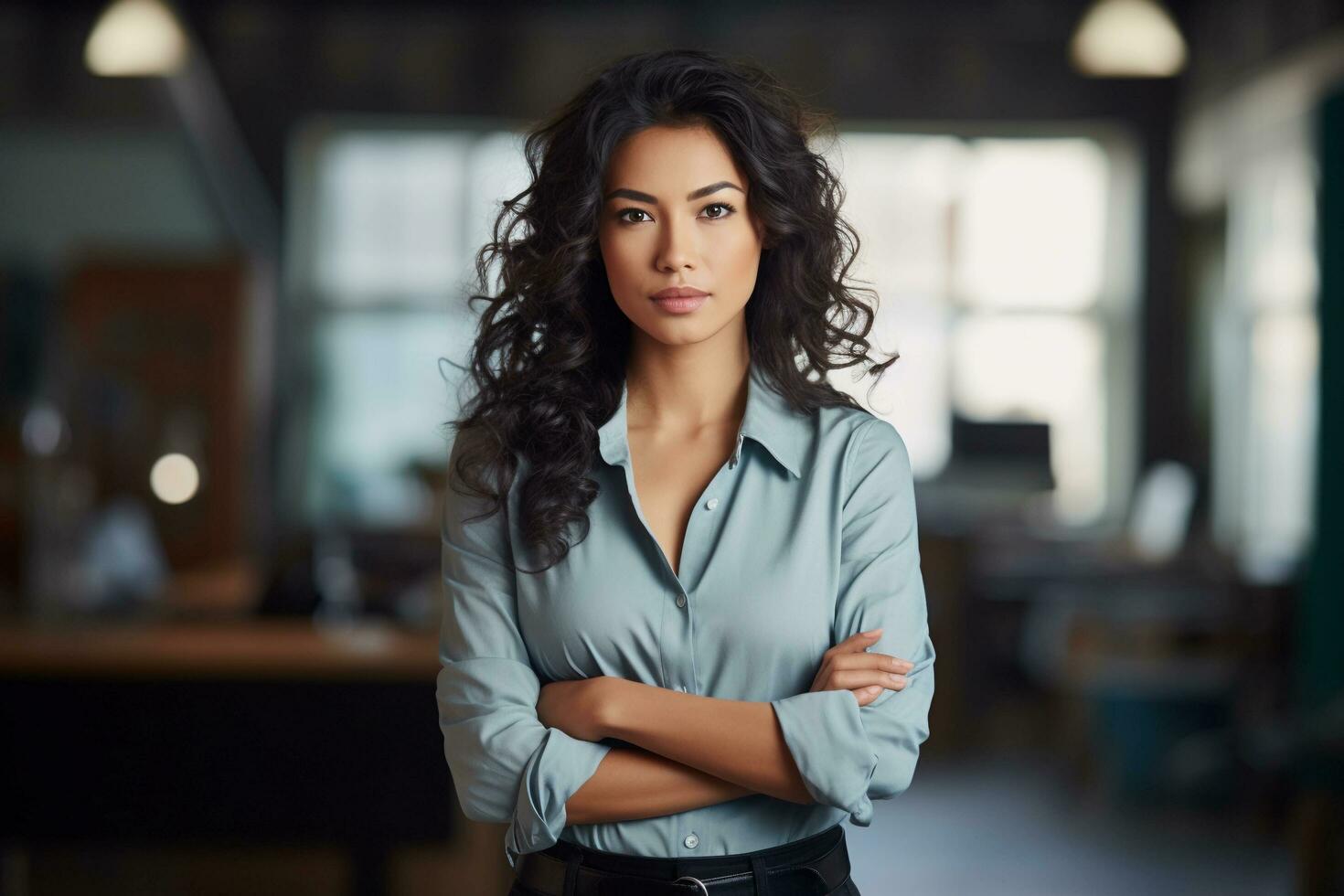 AI generated Attractive manager asian businesswoman CEO confident standing in front of modern office photo