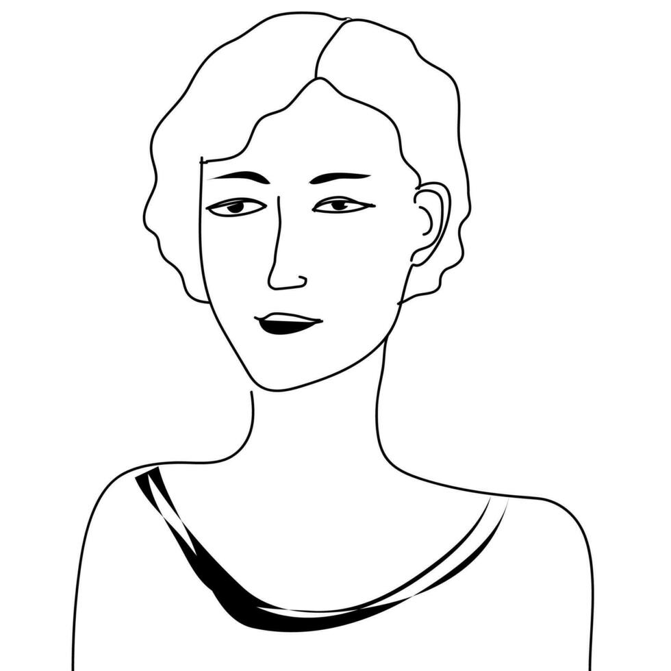 Vector contour illustration in the form of a sketch of a beautiful woman drawn with a black pencil on a white background
