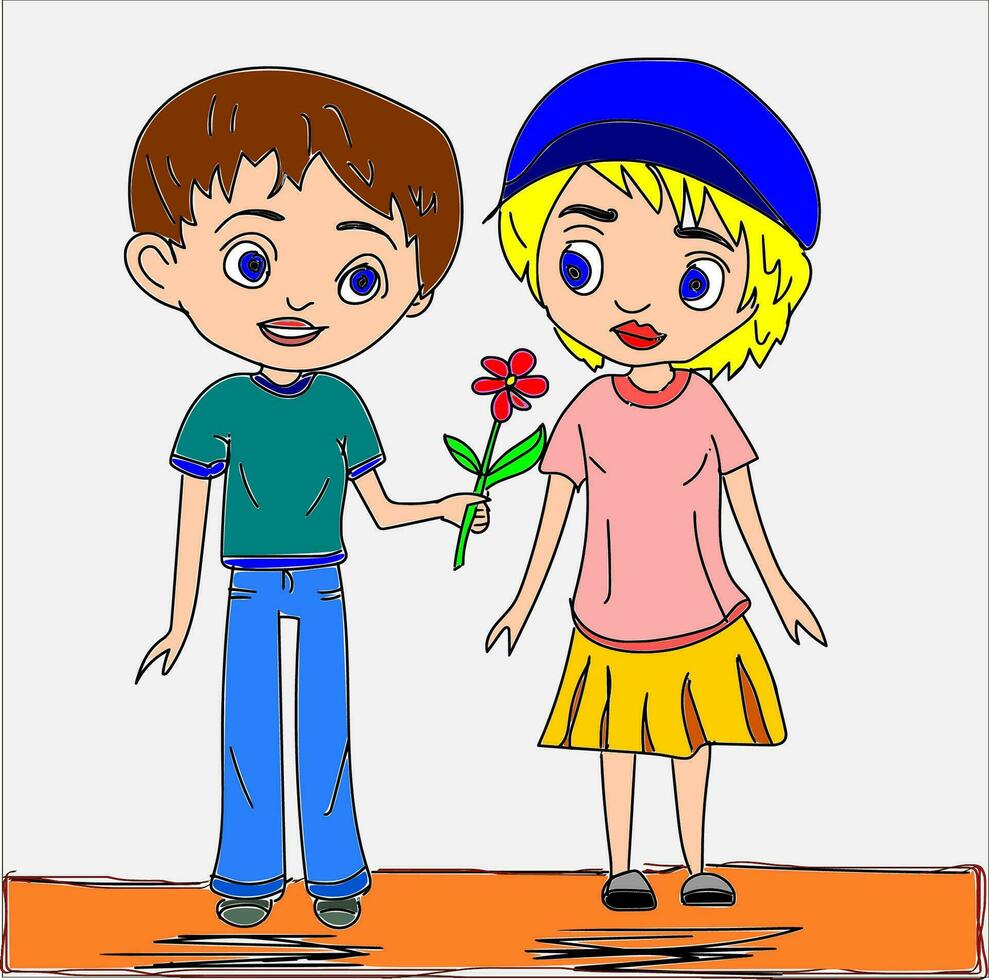 Vector color drawing in doodle style of a boy giving flowers to a girl