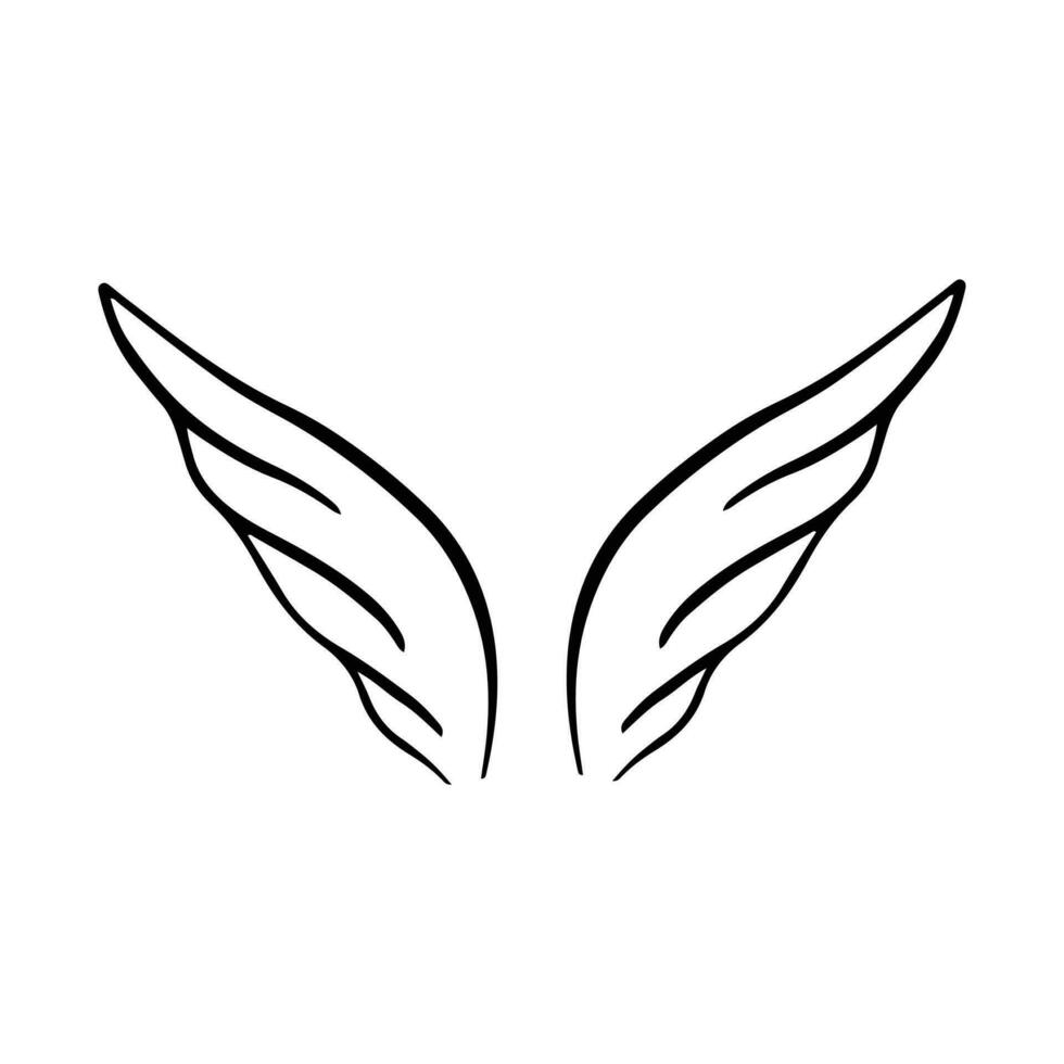 Doodle wings. Cartoon bird feather wings, religious angel wings ink sketch, black tattoo silhouette. Vector hand drawn blade wing sketch set for heraldic symbol emblem on white background