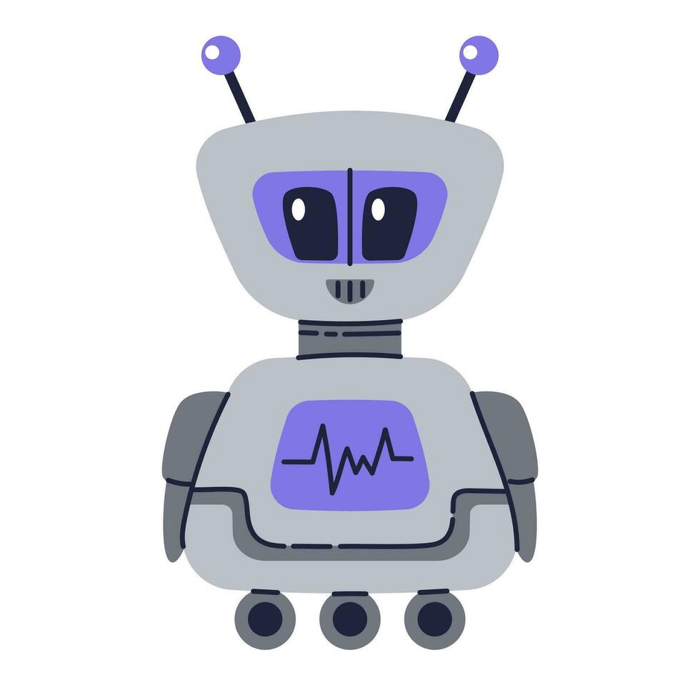 Cute Robot character. Chatbot, AI bot mascot, digital cyborg. Futuristic technology service. Communication artificial intelligence. Vector illustration in cartoon doodle style