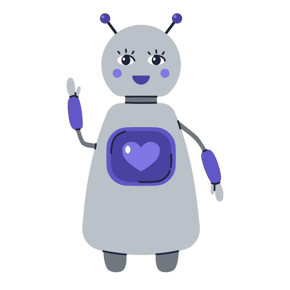 Cute Robot character. Chatbot, AI bot mascot, digital cyborg. Futuristic technology service. Communication artificial intelligence. Vector illustration in cartoon doodle style