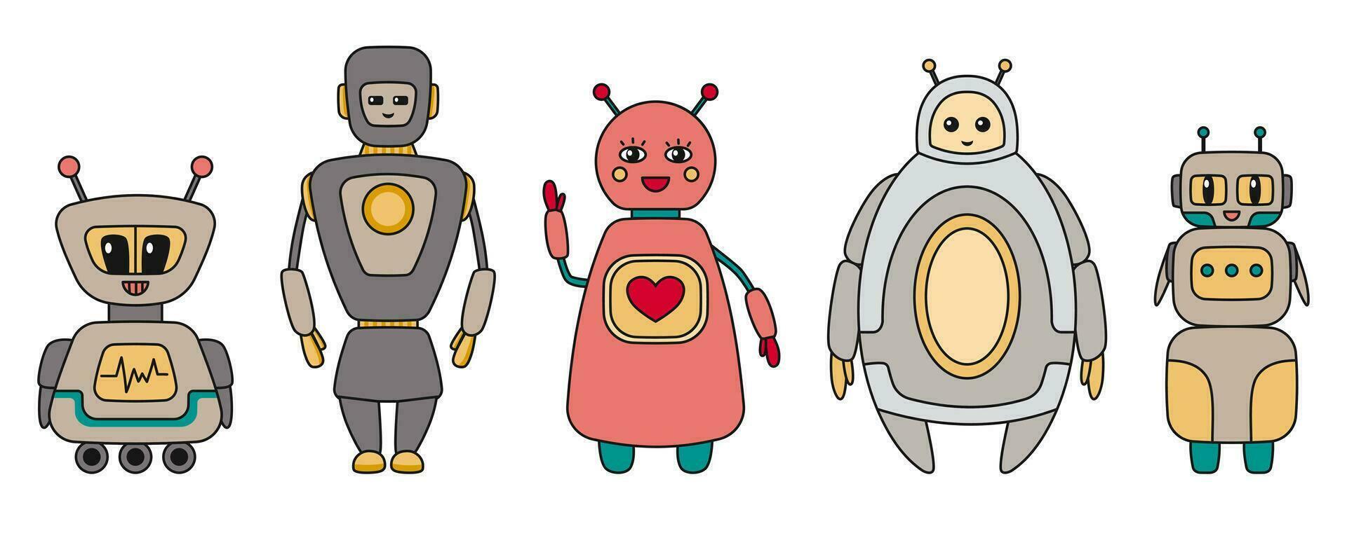 Cute Robots characters. Chatbots, AI bots mascots, digital cyborgs, futuristic technology service. Comic elements in trendy retro cartoon style. Vector illustration