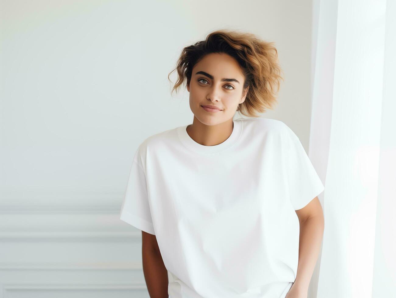 ai generado atractivo joven mujer vistiendo blanco vacío demasiado grande blanco camiseta Bosquejo para diseño modelo foto