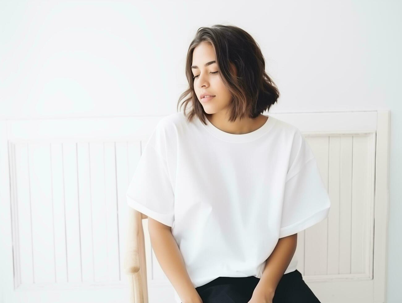 ai generado atractivo joven mujer vistiendo blanco vacío demasiado grande blanco camiseta Bosquejo para diseño modelo foto