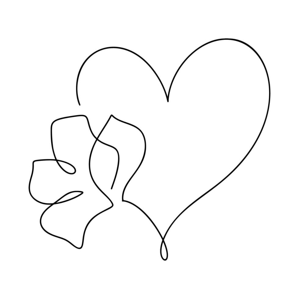 mano dibujado amor corazón con flor monoline vector logo uno Arte línea ilustración. negro describir. elemento para enamorado día bandera, primavera póster, saludo tarjeta