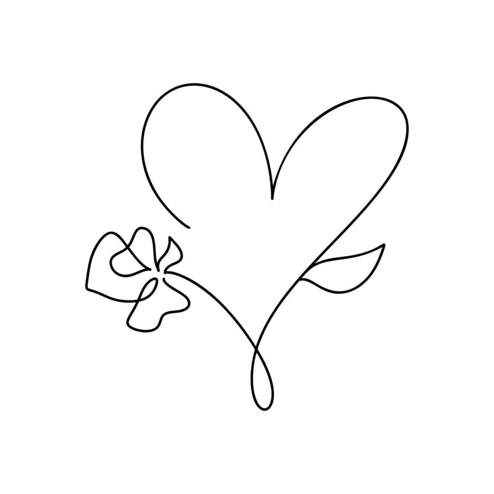 mano dibujado amor corazón con flor monoline vector logo uno Arte línea ilustración. negro describir. elemento para enamorado día bandera, primavera póster, saludo tarjeta