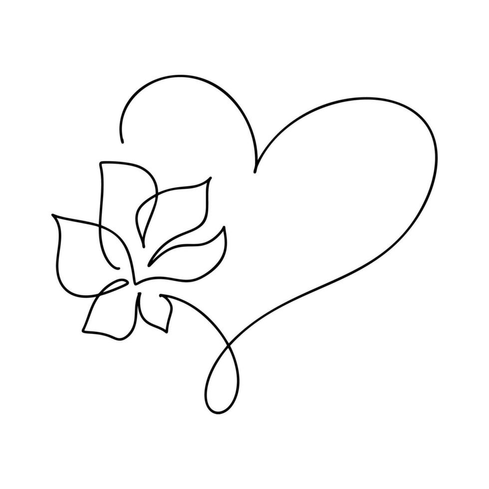 Hand drawn love heart with flower monoline vector logo one art line illustration. Black outline. Element for Valentine Day banner, spring poster, greeting card