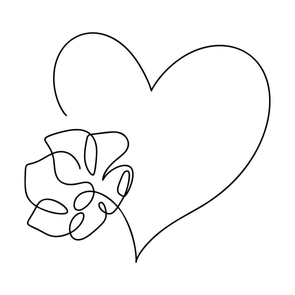 Hand drawn love heart with flower monoline vector logo one art line illustration. Black outline. Element for Valentine Day banner, spring poster, greeting card