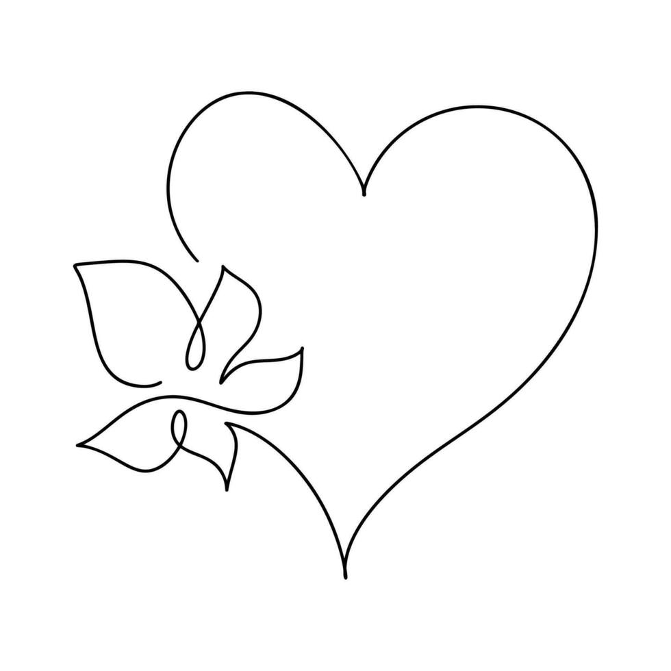 mano dibujado amor corazón con flor monoline vector logo uno Arte línea ilustración. negro describir. elemento para enamorado día bandera, primavera póster, saludo tarjeta