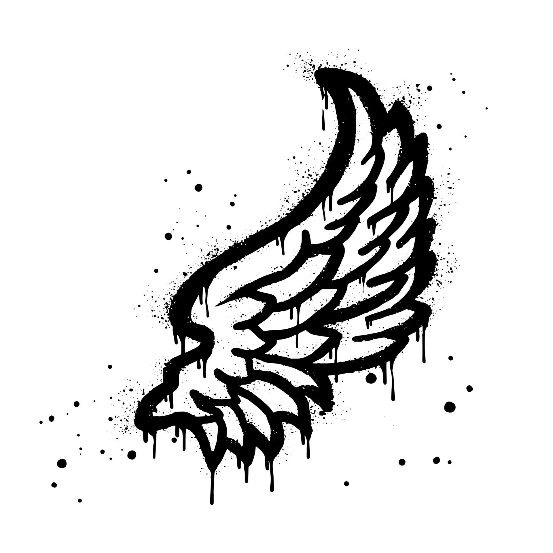 Spray painted graffiti wings icon in black over white. Wings drip