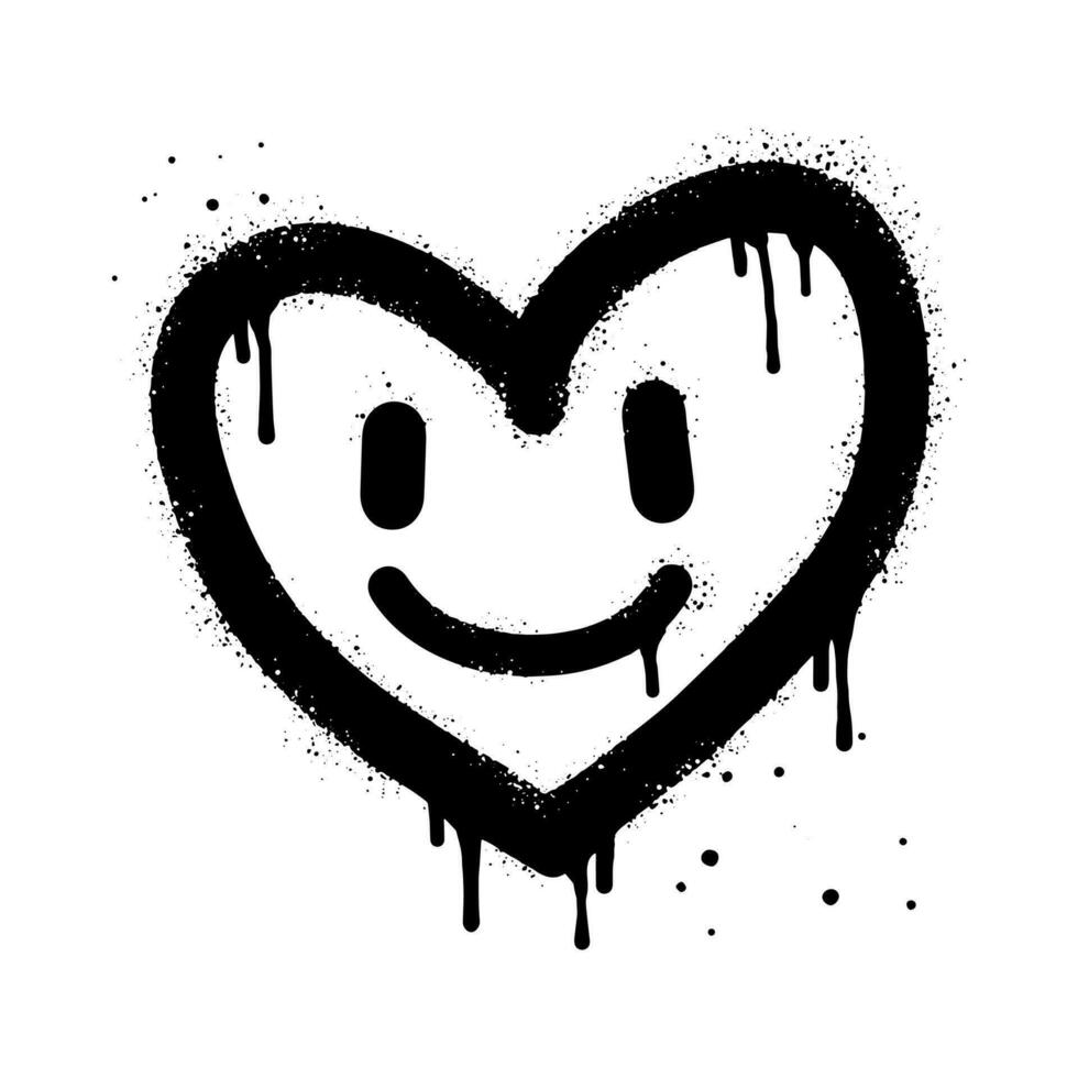Spray painted graffiti heart sign in black over white. Smiling face emoticon character.  isolated on white background. vector illustration