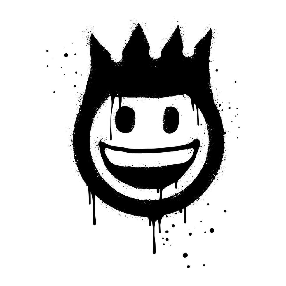 sonriente cara emoji personaje con corona. rociar pintado pintada sonrisa cara en negro terminado blanco. aislado en blanco antecedentes. vector ilustración