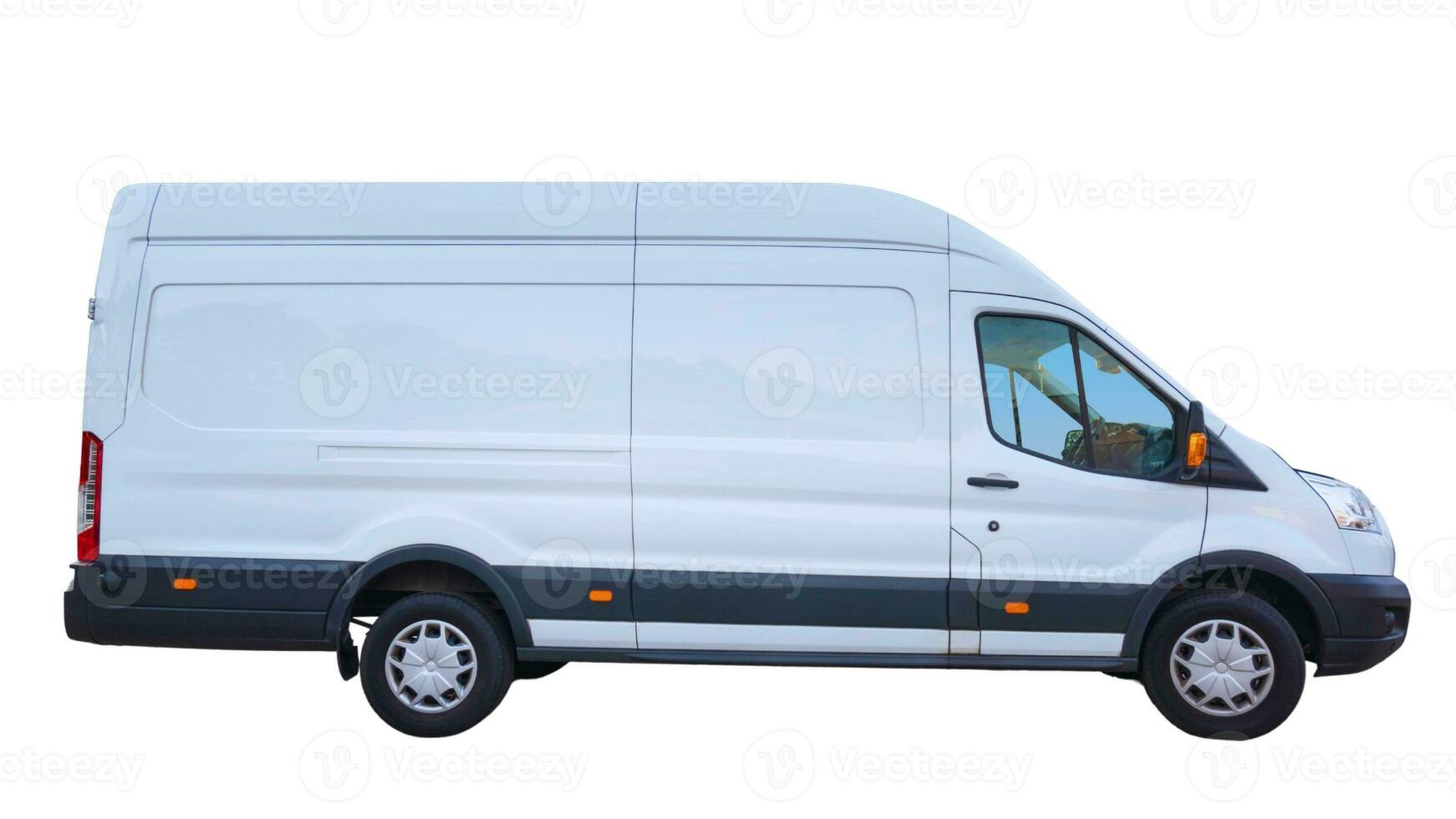 Editable Delivery Van Mockup, Realistic Cargo Transportation Vehicle Template Isolated on White Background for Branding and Advertising Design photo