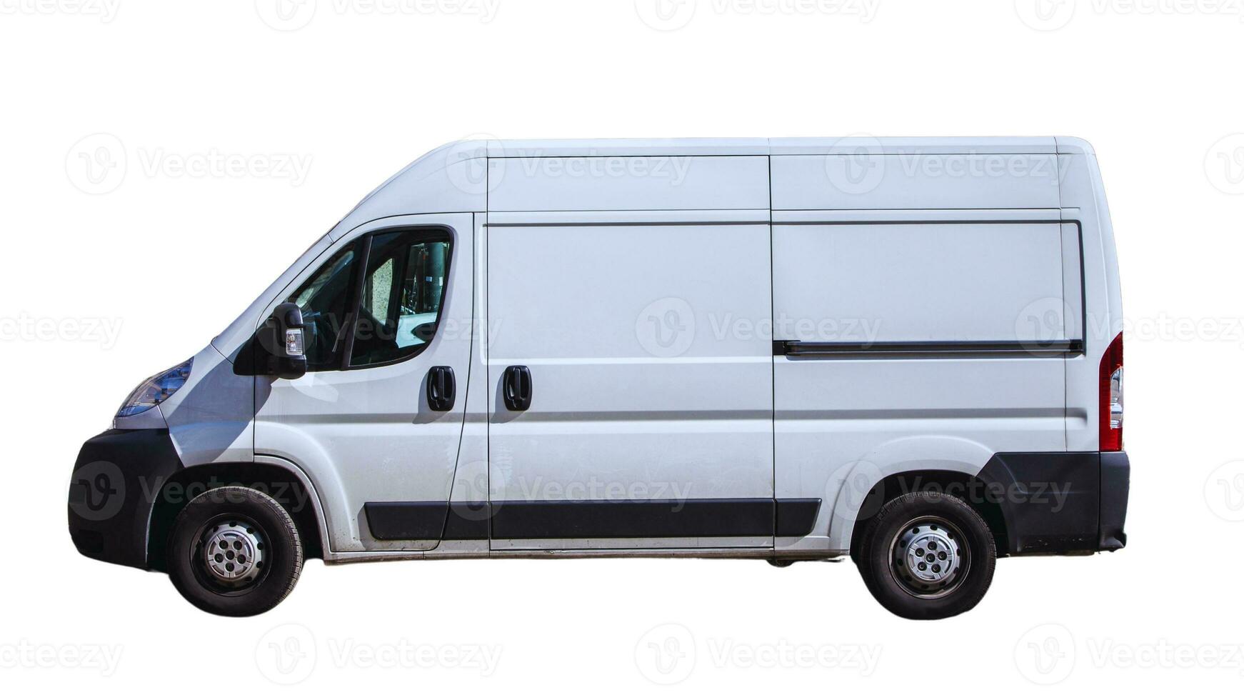 Editable Delivery Van Mockup, Realistic Cargo Transportation Vehicle Template Isolated on White Background for Branding and Advertising Design photo