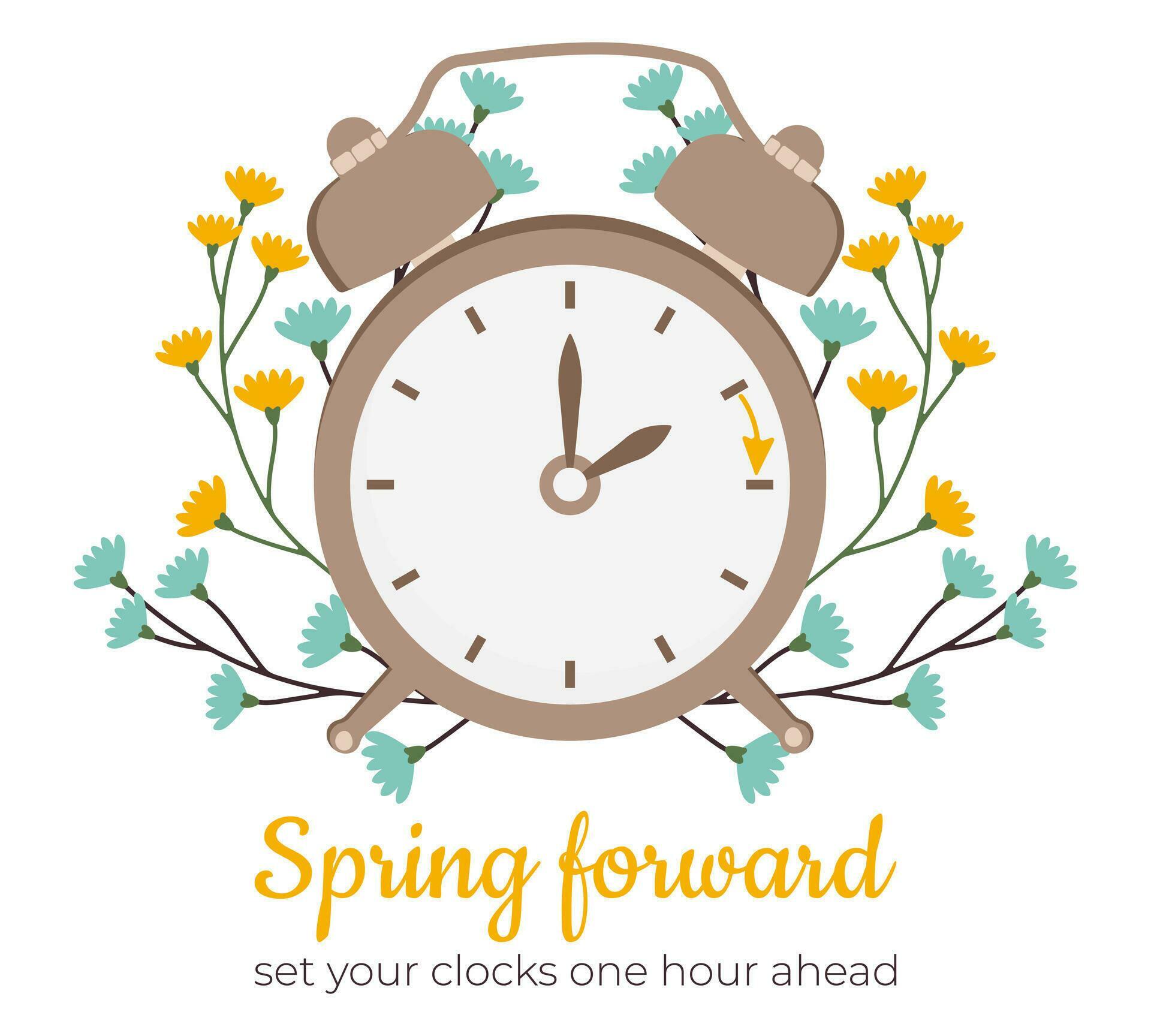 Spring forward, set your clocks ahead one hour. Alarm with hand points