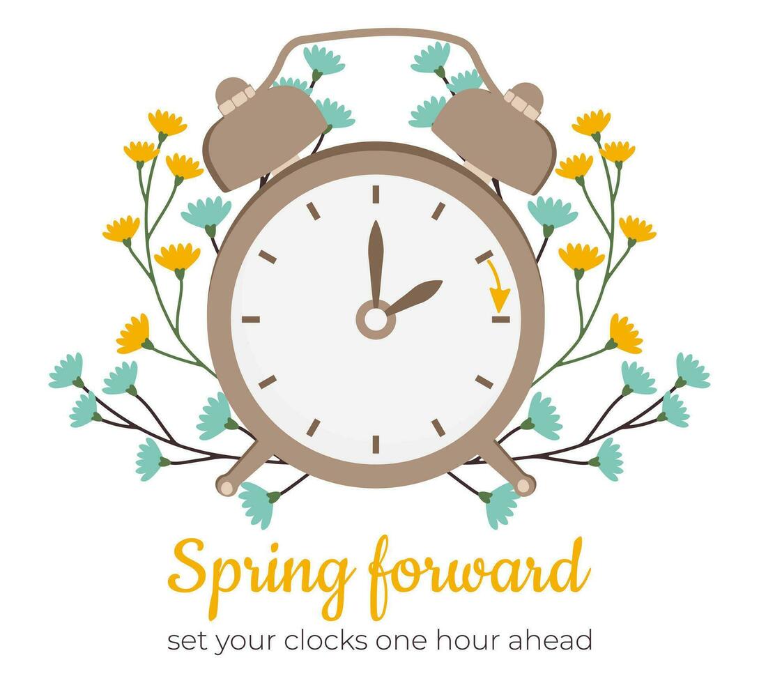 primavera adelante, conjunto tu relojes adelante uno hora. alarma con mano puntos adelante. verano hora empieza con flores para web, correo electrónico. plano diseño dst vector ilustración. luz ahorro hora comienza concepto