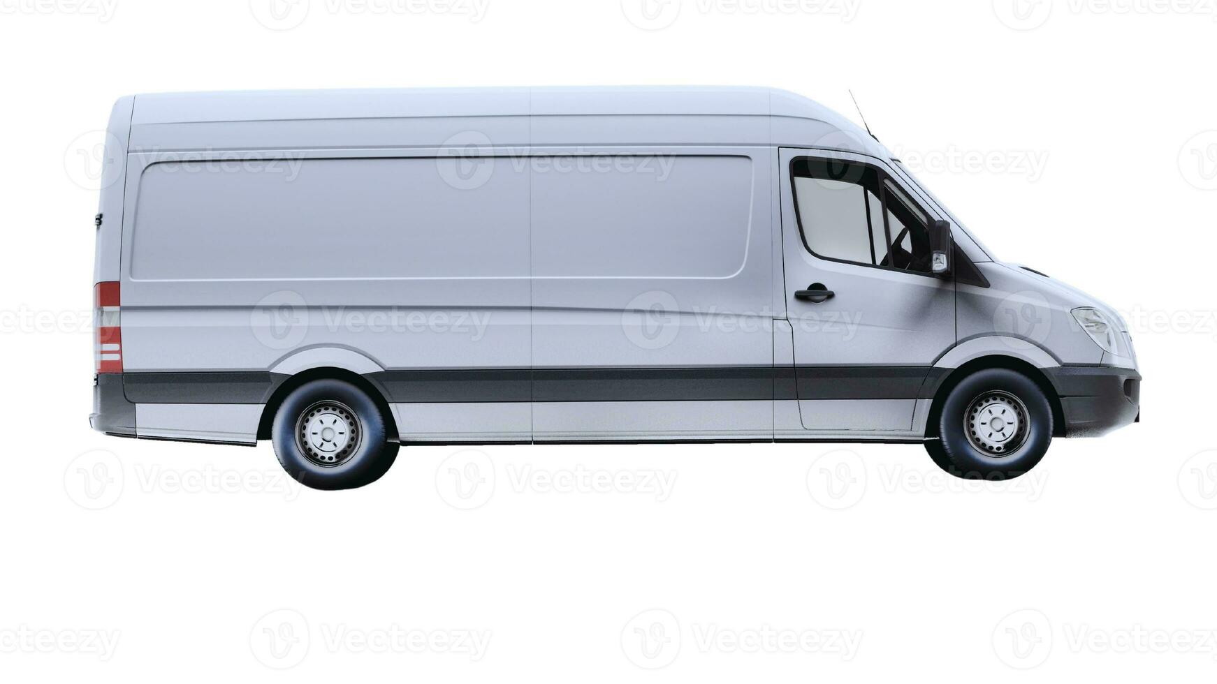 Editable Delivery Van Mockup, Realistic Cargo Transportation Vehicle Template Isolated on White Background for Branding and Advertising Design photo