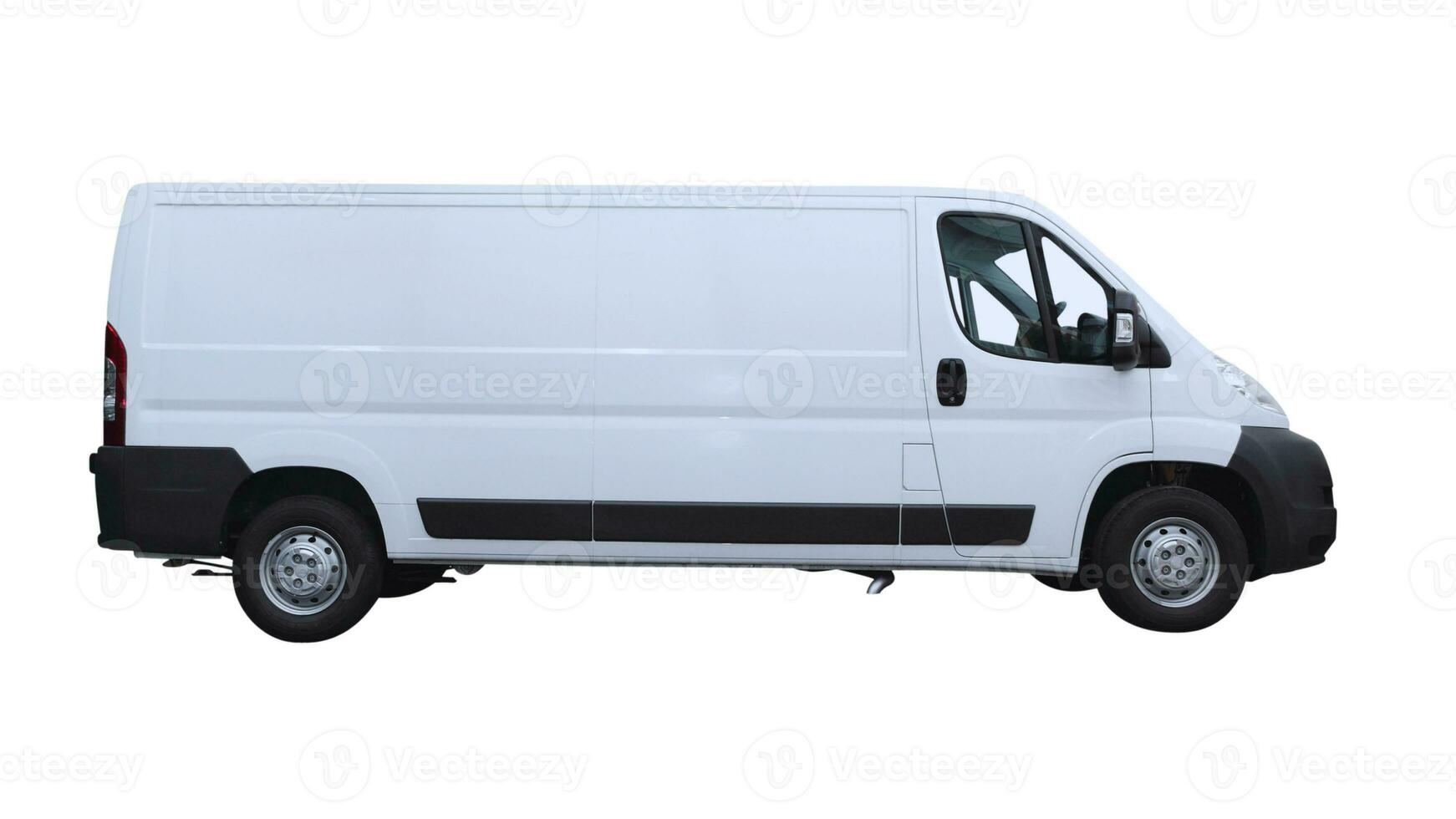 Editable Delivery Van Mockup, Realistic Cargo Transportation Vehicle Template Isolated on White Background for Branding and Advertising Design photo