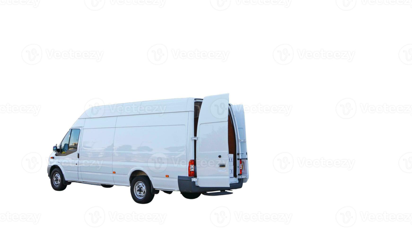 Editable Delivery Van Mockup, Realistic Cargo Transportation Vehicle Template Isolated on White Background for Branding and Advertising Design photo