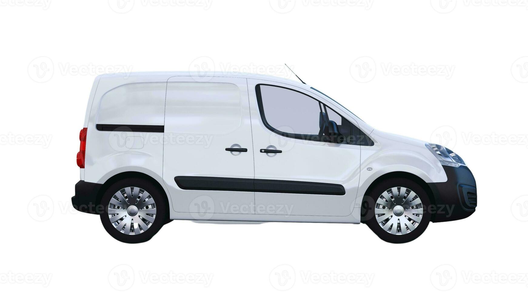 Editable Delivery Van Mockup, Realistic Cargo Transportation Vehicle Template Isolated on White Background for Branding and Advertising Design photo