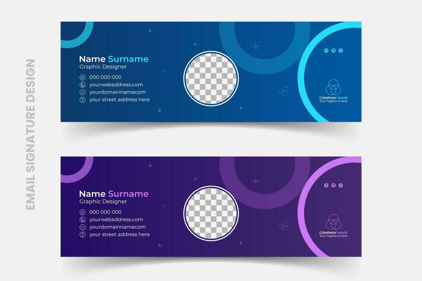 Corporate, modern and professional email signature template, creative multifaceted business email signature design set with blue and purple background vector