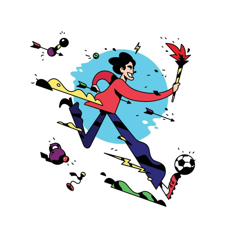 A cartoon character is running with a torch. Vector illustration. The office employee is running. Sport games. Illustration for a website or print.  Mascot.