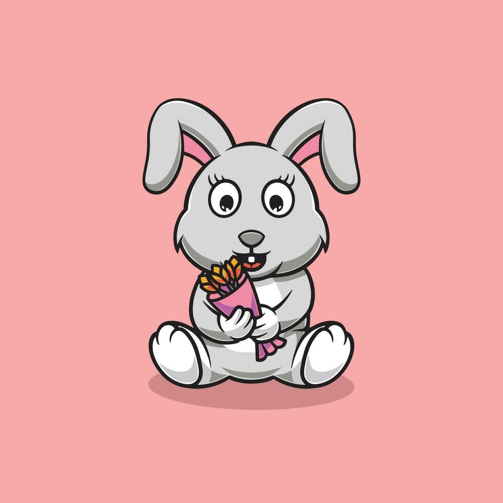 Cute rabbit with bouquet of flowers cartoon illustration vector