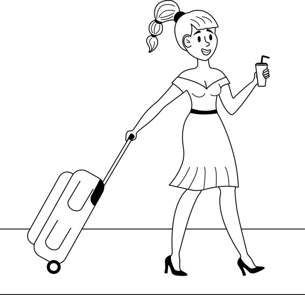 A fashionable girl is going on a trip, she is rolling a heavy suitcase. Vector illustration isolated on a white background. black and white graphics.