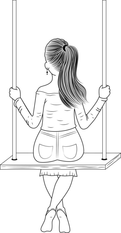 Vector illustration of a girl who rides on a swing. Vector stock illustration in cartoon style.Black and white illustration.