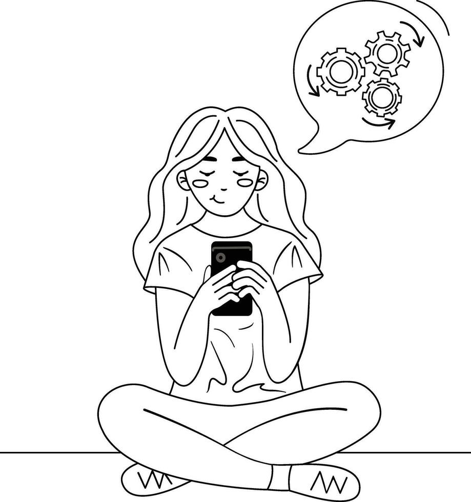 A smart woman reads a message on a smartphone with an expression of thoughtfulness. Communication, social networks, blogger, key leader of public opinion. Vector illustration