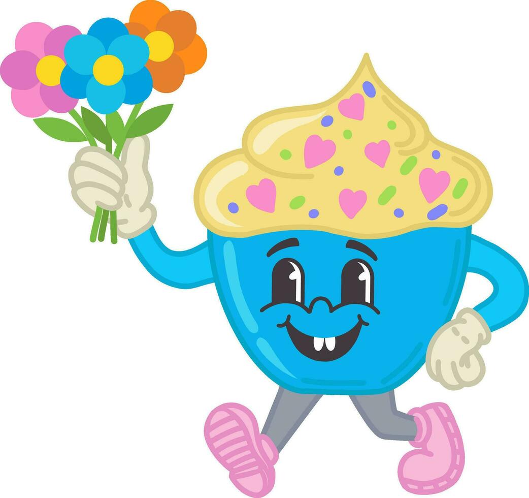Illustration of a dessert with flowers, in retro style of the 30s, 40s, 50s, 60s. The character is a mascot for the cartoon. Vector illustration for Valentine's Day. Happy emotions, a smile.