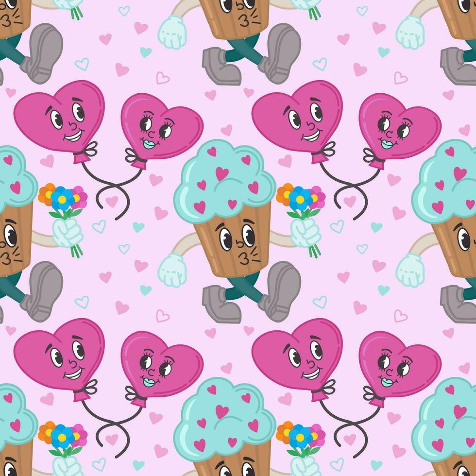 Seamless pattern with cupcakes and balloons in the form of hearts. Cartoon characters in retro style of the 50s, 60s. Vector illustration for Valentine's Day. Characters in love.