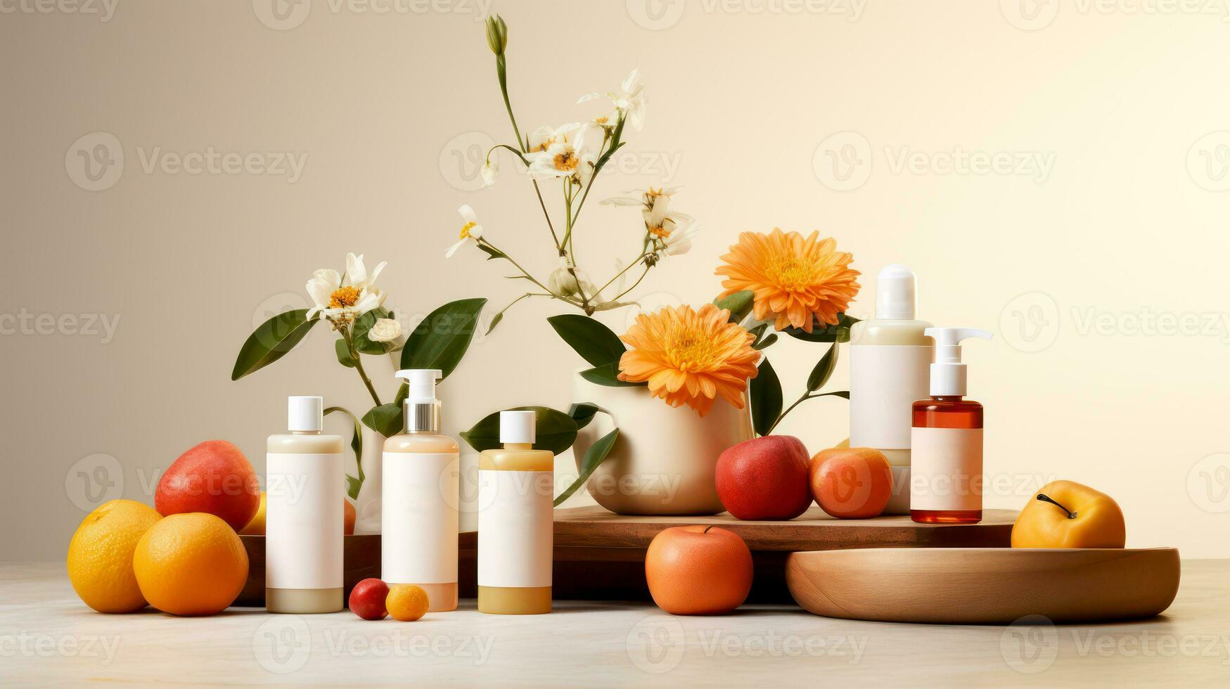 AI generated Cosmetic product arranged with flowers and fruits isolated on light brown background photo