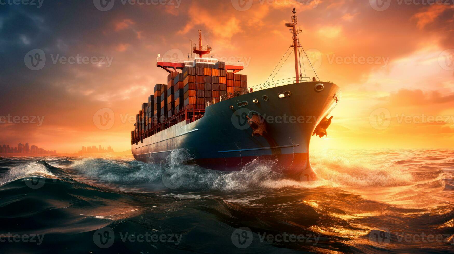AI generated Over loaded cargo ship sailing in sunset with land and city in distance photo