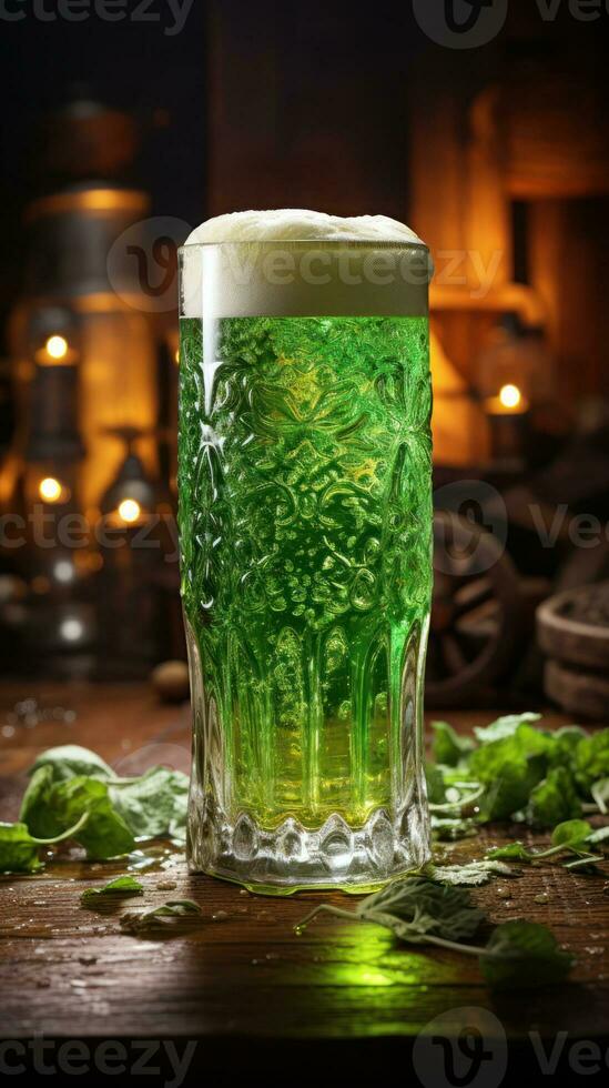 AI generated Glass with green beer inside in pub counter photo