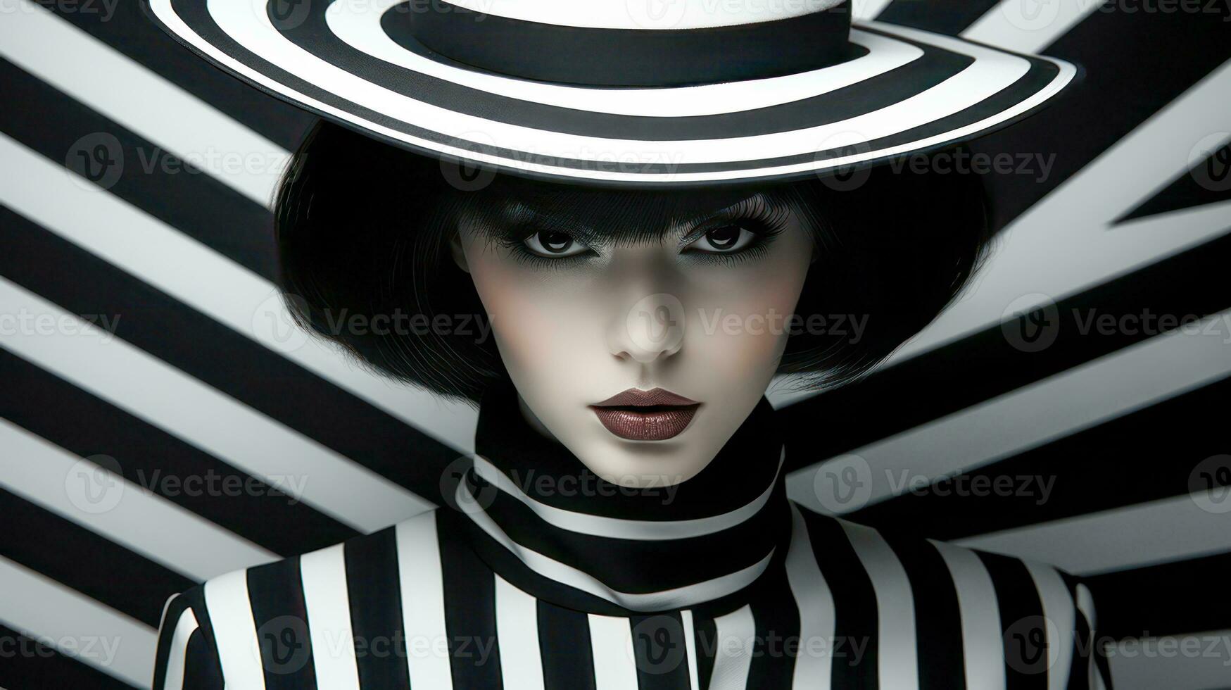 AI generated Beautiful brunette portrait with hat in black and white fashion style photo