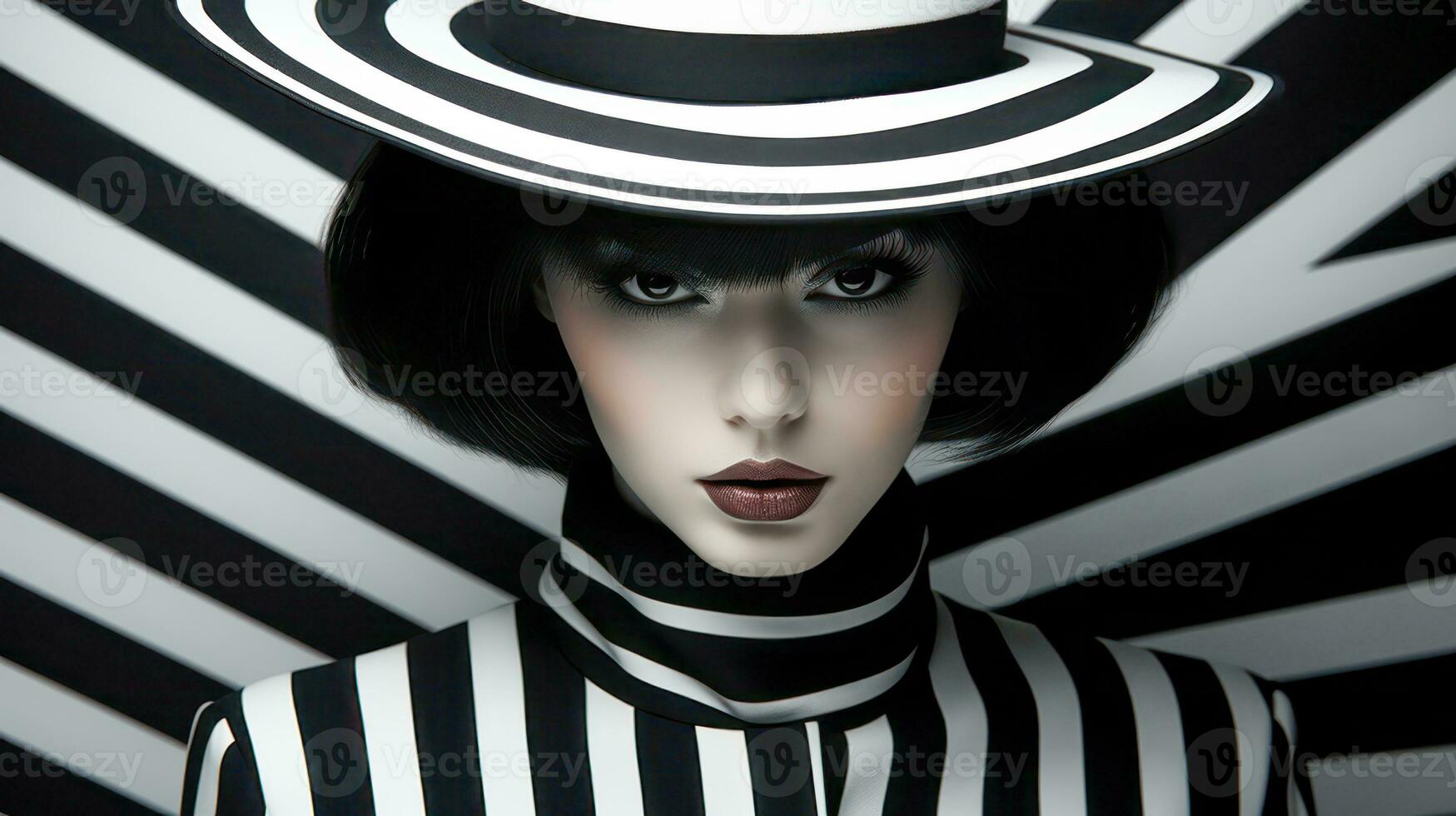 ai generado hermosa morena retrato con sombrero en negro y blanco Moda estilo foto